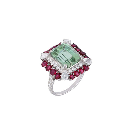 Tourmaline octagon rose cut diamond gold ring | Pink tourmaline cocktail ring gold | Green tourmaline diamond ring | Big tourmaline ring