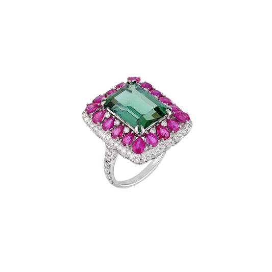 Ruby tourmaline diamond gold ring | Ruby white gold diamond ring | Tourmaline cocktail big ring gold | Emerald cut tourmaline ring