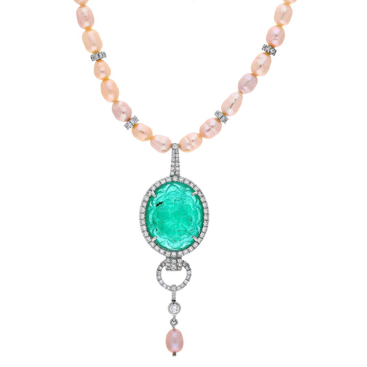 Oval emerald carving pear string diamond necklace gold | 18k gold emerald diamond necklace for her | Pearl diamond chain necklace