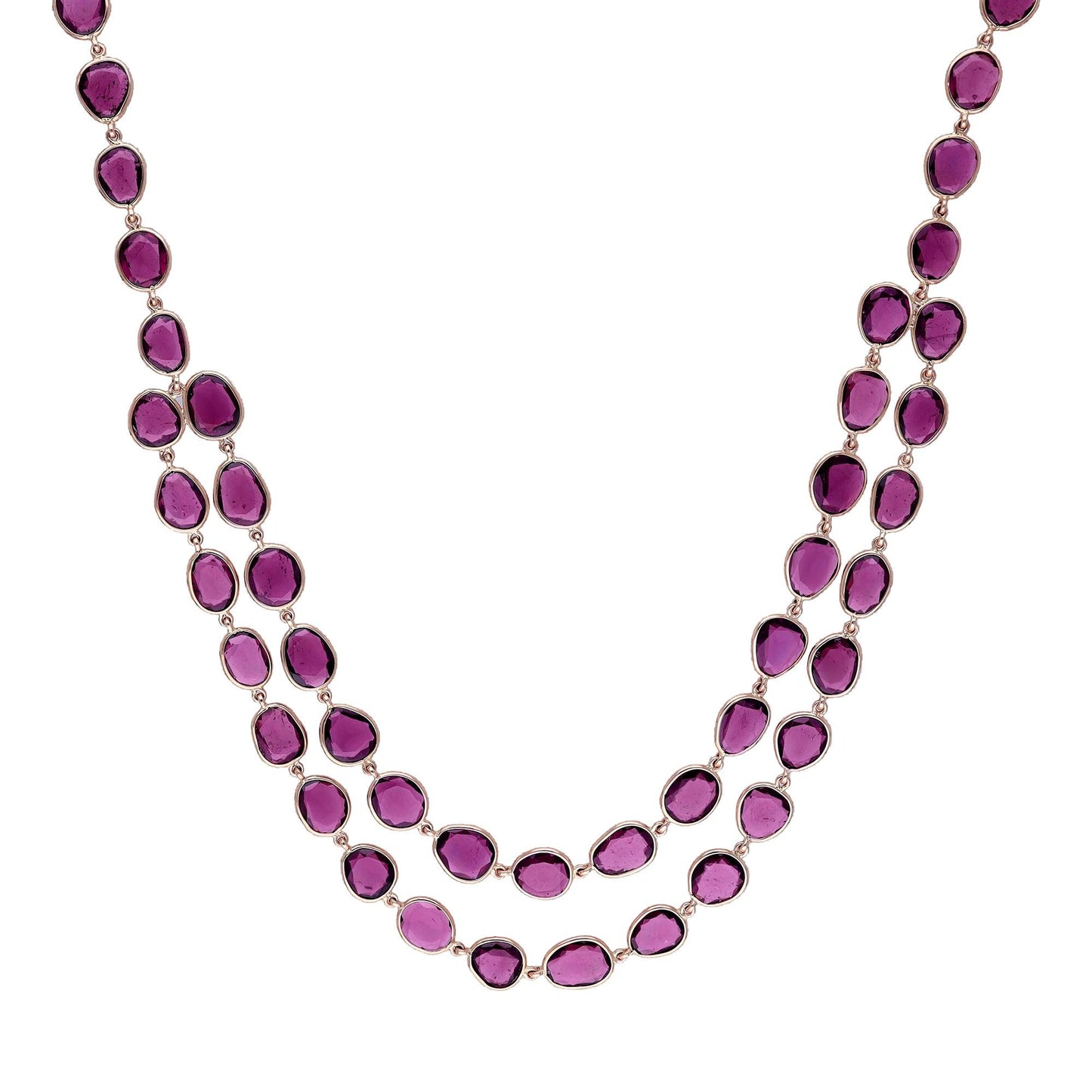 Rhodolite bezel set chain necklace 14k rose gold jewelry | 16 Inch long 2 layer chain necklace gold | Flat cut rhodolite rose pink chain
