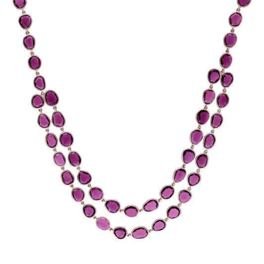 Rhodolite bezel set chain necklace 14k rose gold jewelry | 16 Inch long 2 layer chain necklace gold | Flat cut rhodolite rose pink chain