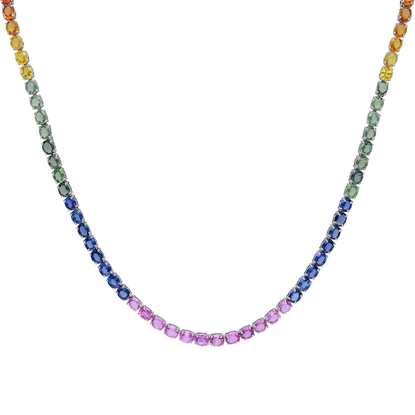 Rainbow sapphire prong set necklace 18k white gold | Multi color oval cut sapphire chain 16 Inch | Sapphire everyday stacking jewelry