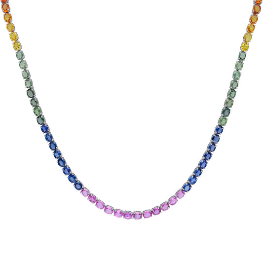 Rainbow sapphire prong set necklace 18k white gold | Multi color oval cut sapphire chain 16 Inch | Sapphire everyday stacking jewelry