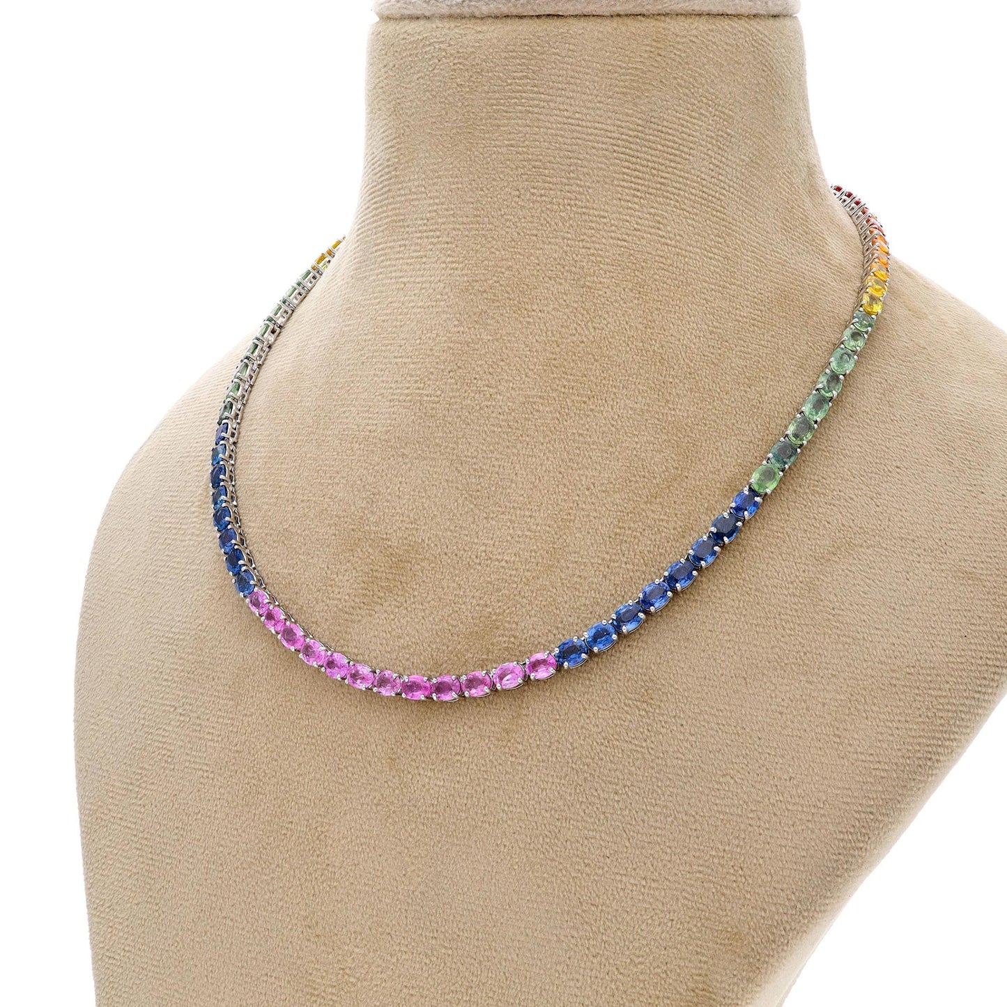 Rainbow sapphire prong set necklace 18k white gold | Multi color oval cut sapphire chain 16 Inch | Sapphire everyday stacking jewelry