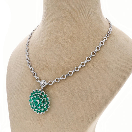 Natural emerald diamond flower pendant with diamond chain | 18k white gold diamond necklace detachable pendant | Emerald diamond pendant
