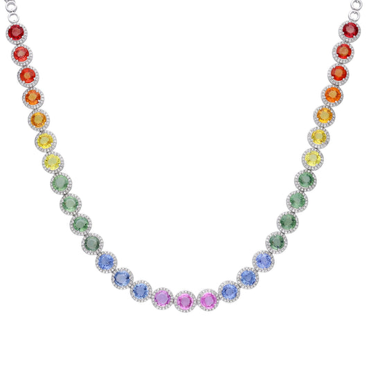 Multi color sapphire tennis necklace gold | 18k white gold rainbow choker necklace | Sapphire choker diamond necklace chain 16 Inch
