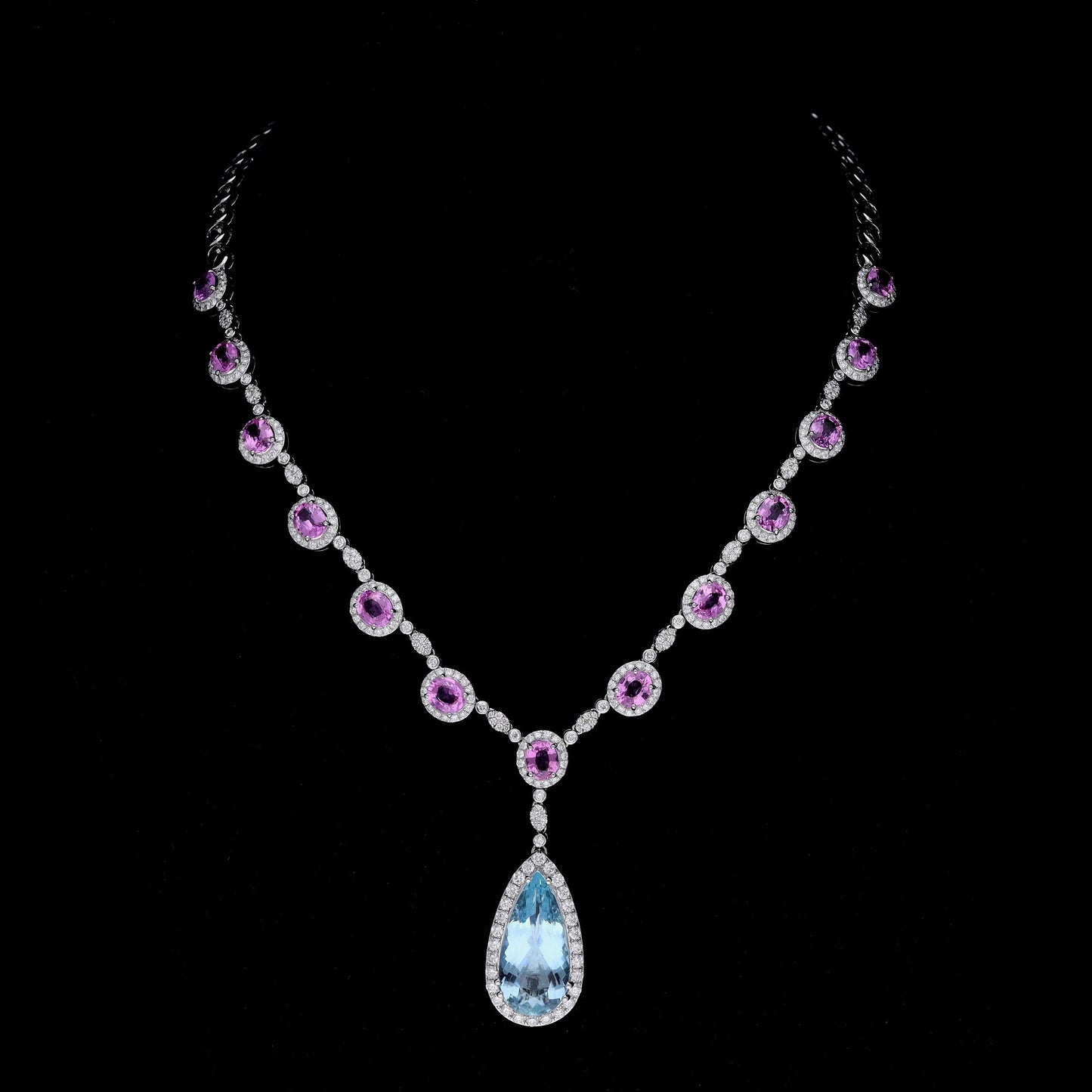 18k gold 8.57 Cts pear shaped aquamarine pendant drop necklace | Pink sapphire diamond accent necklace gold | 16 Inch white gold necklace