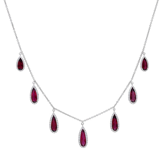 Rubellite pear cut diamond charm necklace gold | 18k gold chain necklace hanging rubellite diamond pendants | 16 inch stacking necklace