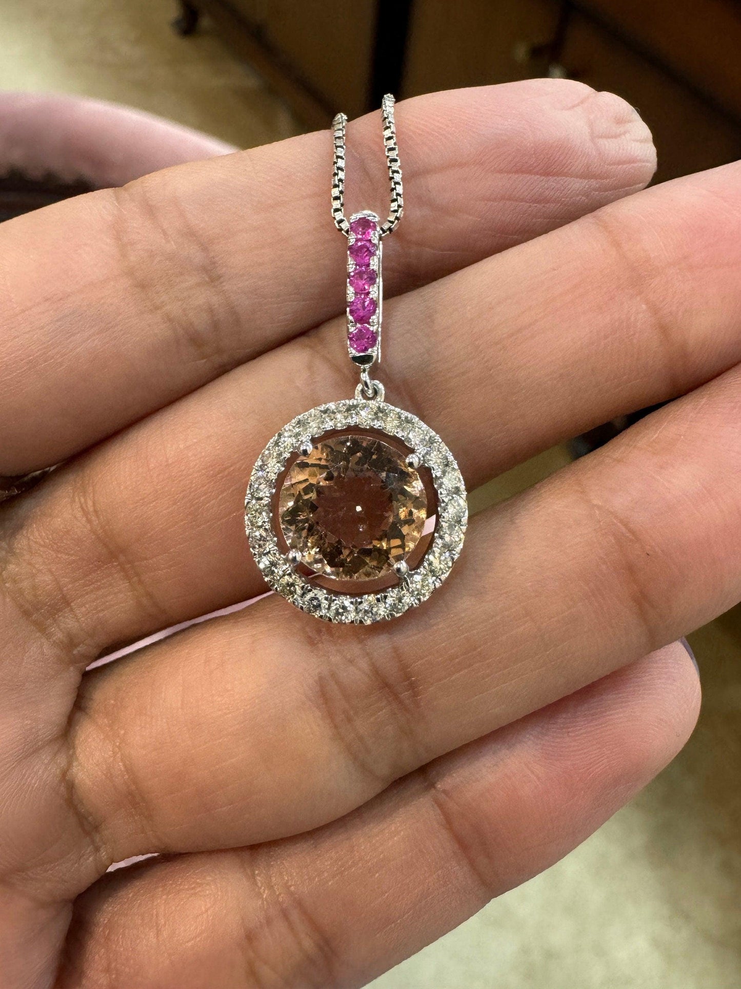 14k White Gold Pendant with 2.15cts Peach Tourmaline, Ruby and Dazzling Diamonds - Elegant Statement Piece - Anniversary Gift