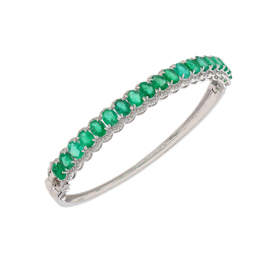 6.35 Cts. Real Emerald Gemstone Bangle | Solid 18K Gold Natural Diamond Stacking Bracelet | White Gold Emerald Diamond Bangle Women Jewelry