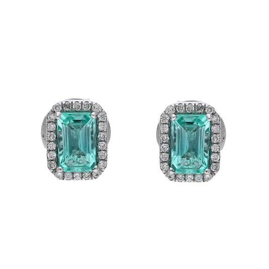Emerald Cut Emerald Stud Earring | 18k White Gold Natural Diamond Halo Stud Earrings For Women | Green  Gemstone Stud Earrings Gold Jewelry