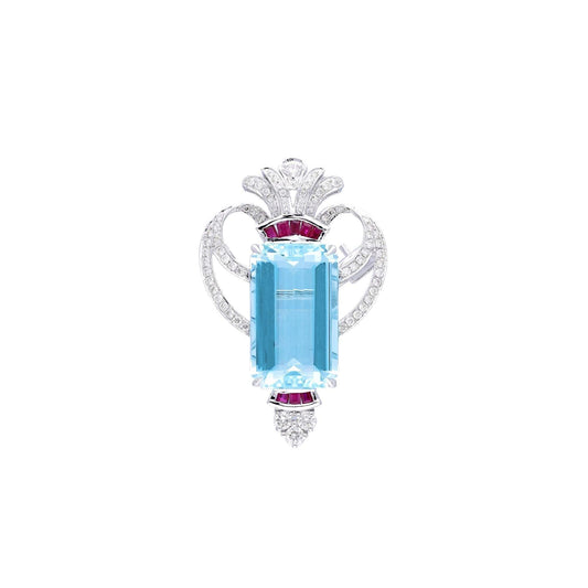 Aquamarine diamond brooch pendant white gold | Natural aquamarine ruby brooch for him | Brooch pendant for her | Aquamarine pendant