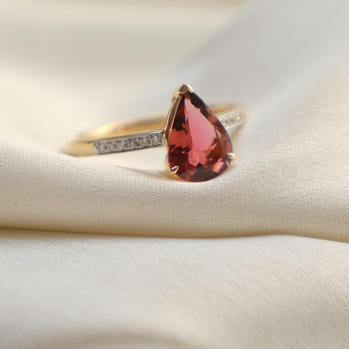 Tourmaline pear cut diamond solitaire ring gold | Natural tourmaline pear diamond prong set ring gold | Big pear tourmaline diamond ring