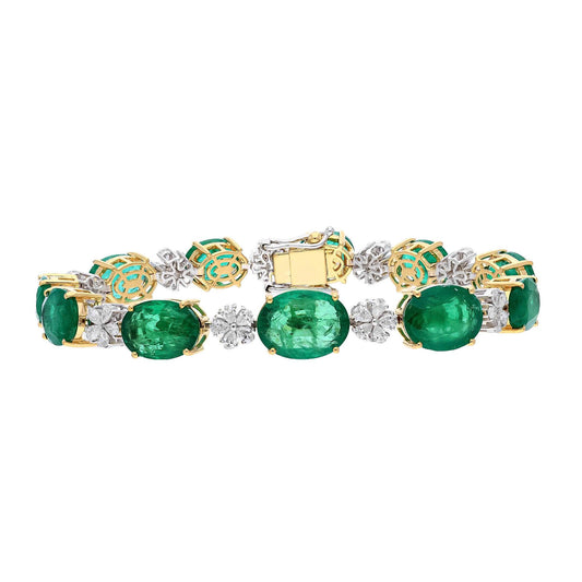 26.190 Cts oval cut emerald diamond bracelet, 18k solid gold diamond statement bracelet, 6.75 Inch long stackable jewelry, Natural emerald