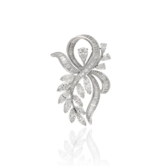 18k White Gold Diamond Brooch Pin, Authentic Antique Natural Diamond Unisex Brooch, 6.96 CTS. Mix Cut Diamond Brooch Gift For Wedding