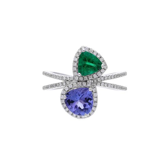 RARE Tanzanite And Emerald Gold Ring / 18k White Diamond Gold Jewelry / Natural Gemstone Ring For Her / Statement Pieces