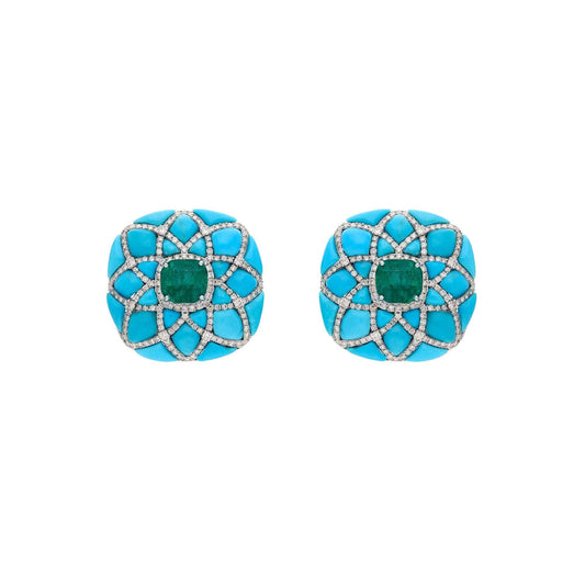 Classic Emerald Turquoise Earrings 18k White Gold / Art Deco Gemstone Diamond Square Stud Earrings / Turquoise Gemstone Gold Jewelry