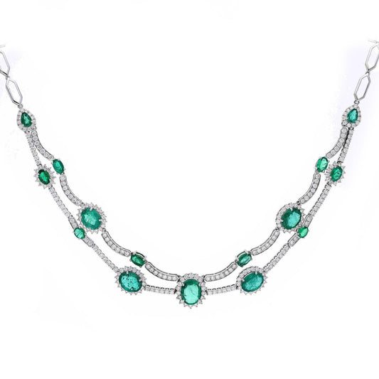 Natural Emerald Diamond Necklace, Solid 18k White Gold Natural Diamond Handmade Jewelry, Oval Cut Emerald Wedding Necklace For Women