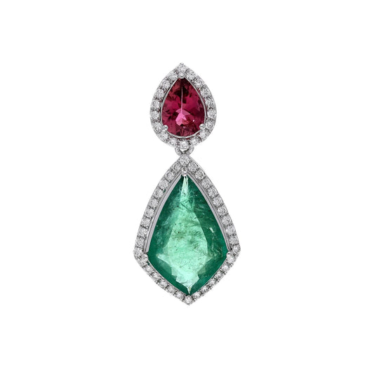 2.68 CTS fancy cut emerald tourmaline pendant 18k white gold, Diamond accent gold pendant jewelry, Green pink gemstone pendant necklace gold