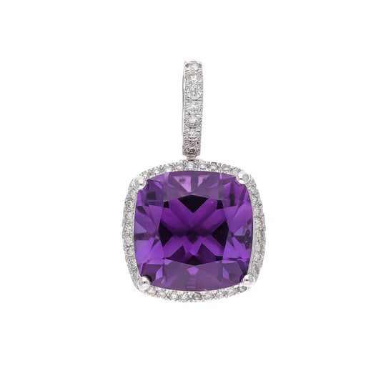 3.50Cts Natural Amethyst Diamond Halo Pendant | 14k White Gold Pave Diamond Minimalist Pendant | Cushion Cut gemstone Pendant Jewelry