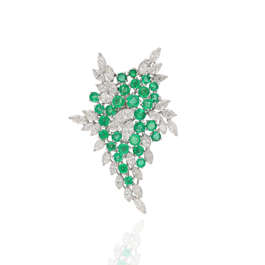 2.90 CTS. Emerald Art Deco Brooch Pin, 18k White Gold Natural Diamond Brooch For Wedding, Genuine Emerald Diamond Clip Pin Brooches