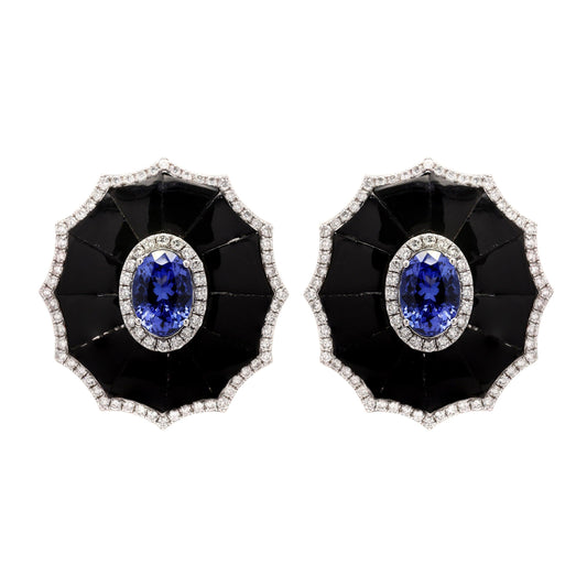 Oval Cut Tanzanite with Black Onyx Gemstone Earring | Natural Diamond Statement Earrings | 18K White Gold Art Deco Earring Gift For Her