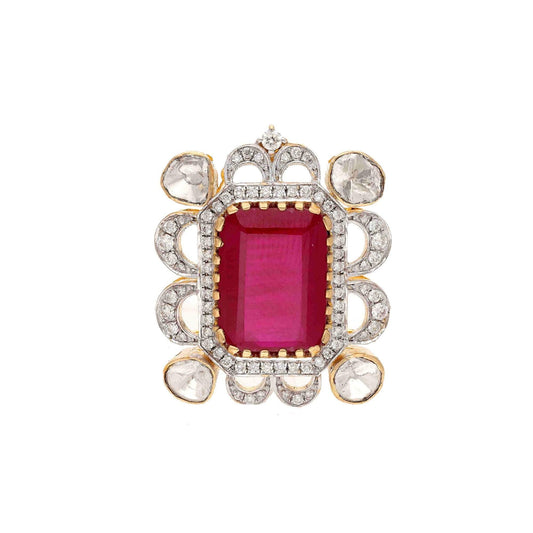 Octagon Cut Ruby Gemstone Pendant | 18k Yellow Gold Natural Diamond Halo Pendant Jewelry | Polki Diamond Floral Design Pendant For Women