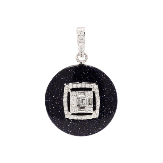 Natural Diamond Necklace Pendant Solid  14K White Gold Necklace Charm with Round Blue Goldstone Pendant For Women, Wedding Anniversary Gift