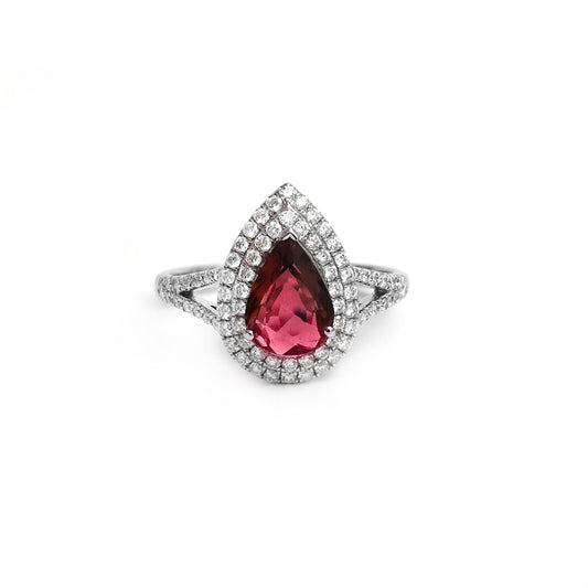 1.32 Cts Pear cut Tourmaline halo diamond 18k solid white gold ring, Size 7 US, Prong set diamond tourmaline gold ring, Engagement rings