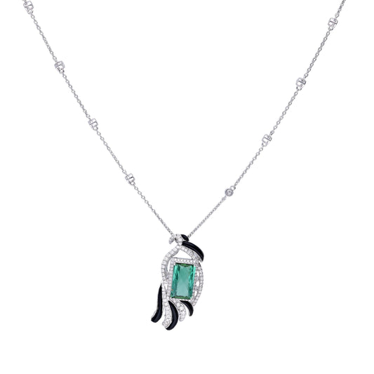 Emerald cut tourmaline 6.3 Cts gemstone pendant gold / 18k white gold diamond Black onyx accent 13.3X8.3 mm Tourmaline necklace 16 inch