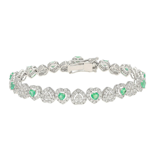 Solid 18k Gold Emerald Diamond Bracelet, White Gold Natural Emerald Link Statement Bracelets For Women, Certified Genuine Diamond Bracelet