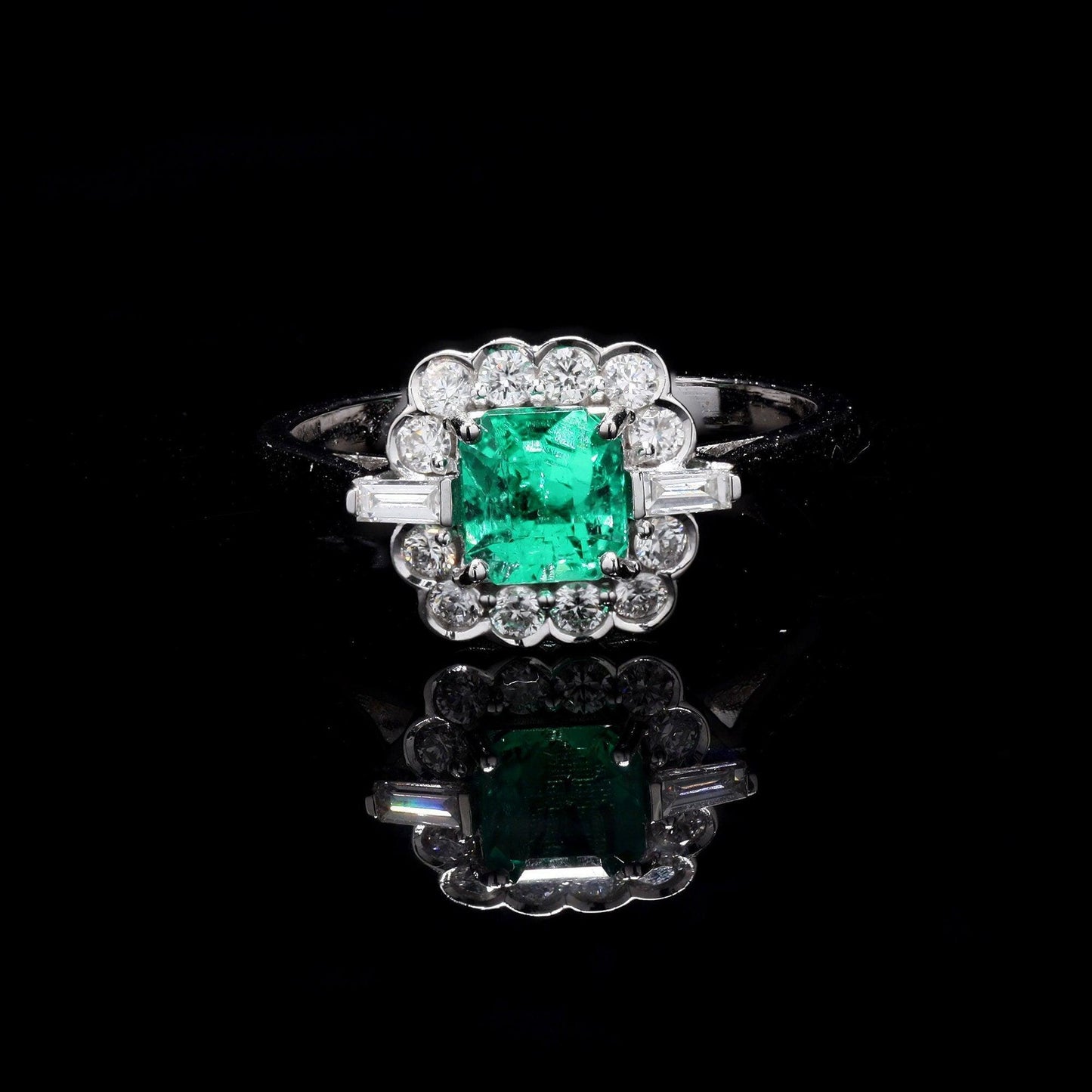 0.71 CTS. Diamond Halo Ring Gold | 18K White Gold Colombian Emerald Halo Ring | May Birthstone Statement Ring Wedding Jewelry Gift