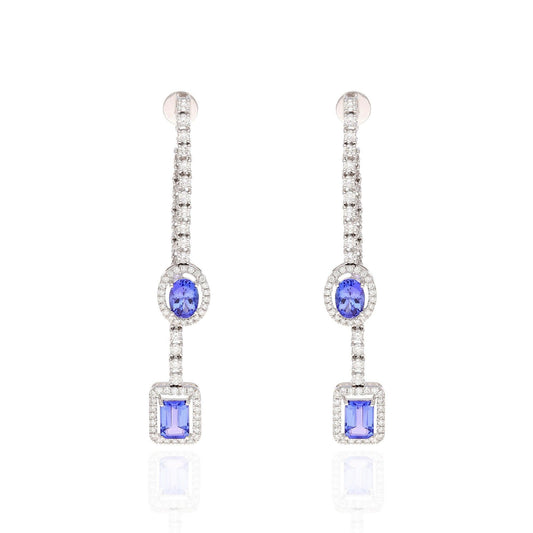 Classic Blue Tanzanite Stud Earring, 18K White Gold Natural Diamond Dangle Earrings, Genuine Tanzanite Birthstone Earring Wedding Jewelry
