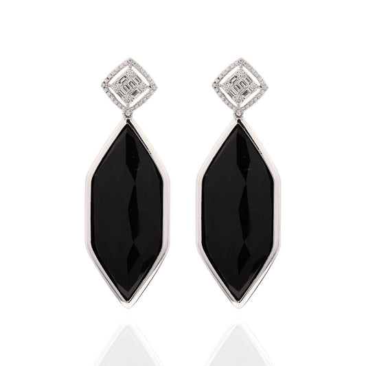 Natural Diamond & Black Onyx Gemstone Dangle Earring in 14K White Gold Bezel Set Handmade Earrings For Women | Pave Diamond Studs Jewelry