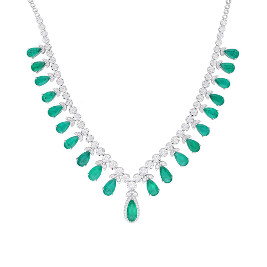 Emerald pear cut diamond necklace / 18k White gold precious setting diamond prong set emerald necklace / 18inch long diamond bridal jewelry