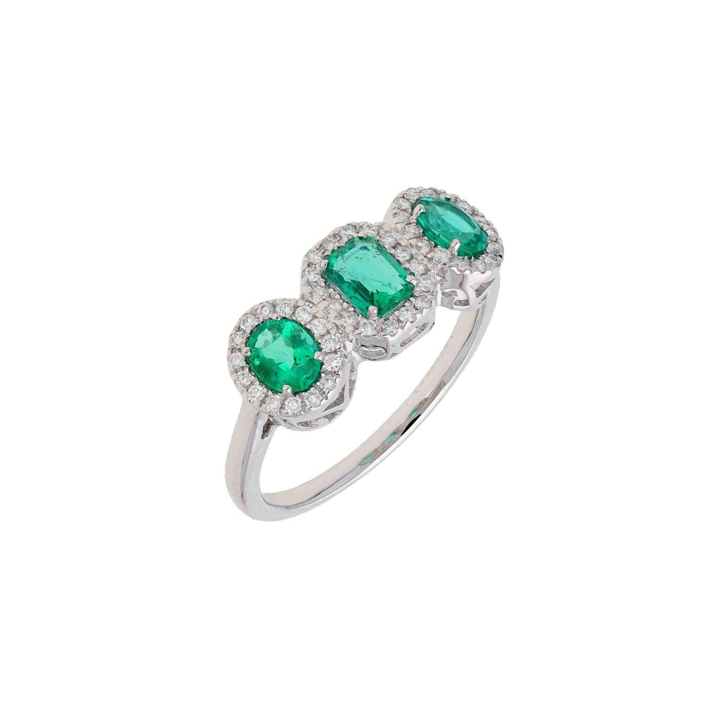 0.82 Cts. Emerald Three Stone Ring Gold | 18k White Gold Natural Diamond Wedding Ring | Gold May Birthstone Emerald Stacking Ring Jewelry