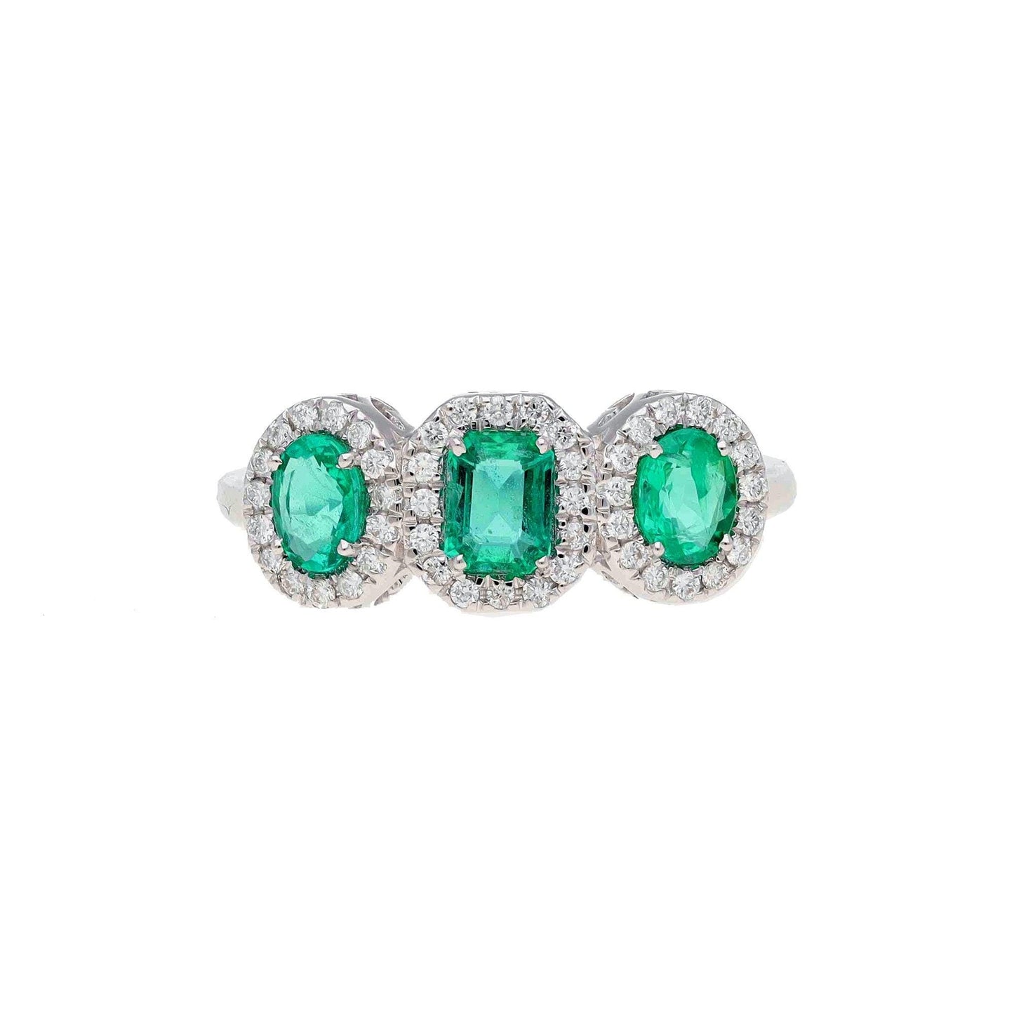 0.82 Cts. Emerald Three Stone Ring Gold | 18k White Gold Natural Diamond Wedding Ring | Gold May Birthstone Emerald Stacking Ring Jewelry