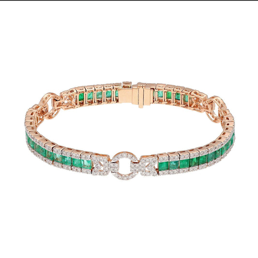 Real Emerald Diamond Tennis Bracelet | 18k Rose Gold Natural Diamond Bracelets For Women | Square Cut Emerald Link Tennis Bracelet Jewelry