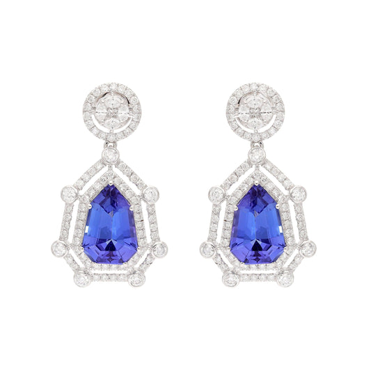 Classic Tanzanite 18K White Gold Dangle Earring, Natural Diamond Gemstone Stud Earring Jewelry Blue Tanzanite Birthstone Earring For Wedding