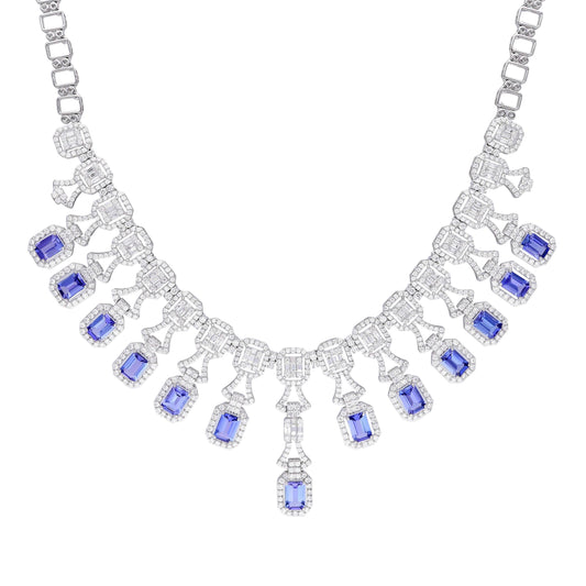 Tanzanite diamond bridal necklace gold / 18k White gold diamond necklace for her / Emerald cut tanzanite necklace / Vintage diamond necklace