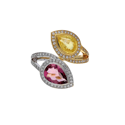 Rare Pear Cut Pink Tourmaline Yellow Sapphire Diamond Ring / Natural Gemstone Jewelry / Pink Yellow Ring / 18k Solid Gold / Gifts For Her