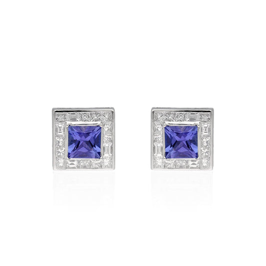 Square Cut Natural Fine Quality 2.27 CTS Tanzanite Diamond Studs Earring in 18k Solid White Gold Jewelry