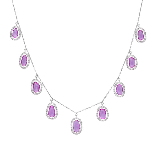10.35 Cts pink sapphire fancy cut prong set chain necklace | 18k white gold sapphire necklace | Pink sapphire charm necklace gold 16 Inch