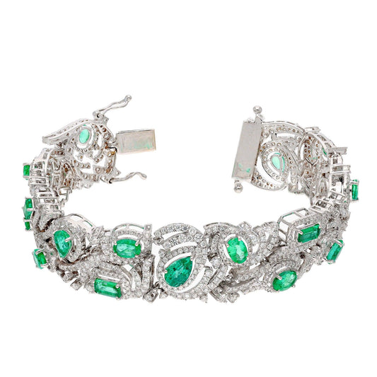 Real Emerald Diamond White Gold Bracelets, Natural Certified Diamond Statement Bracelet For Women, 18k Gold Emerald Bracelet Jewelry Gift