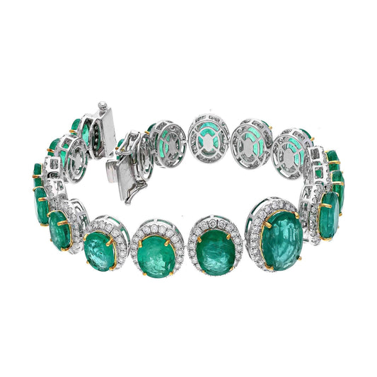 33.94 Cts Oval faceted emerald diamond bracelet 18k white gold, 6.75 Inch long diamond emerald tennis bracelet, Natural emerald real diamond