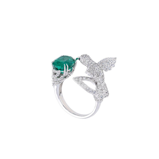Natural Emerald Bird Ring / 18k White Gold Diamond Cocktail Ring / Natural Gemstone Designer Ring / Emerald Unique Jewelry Gift / US 7