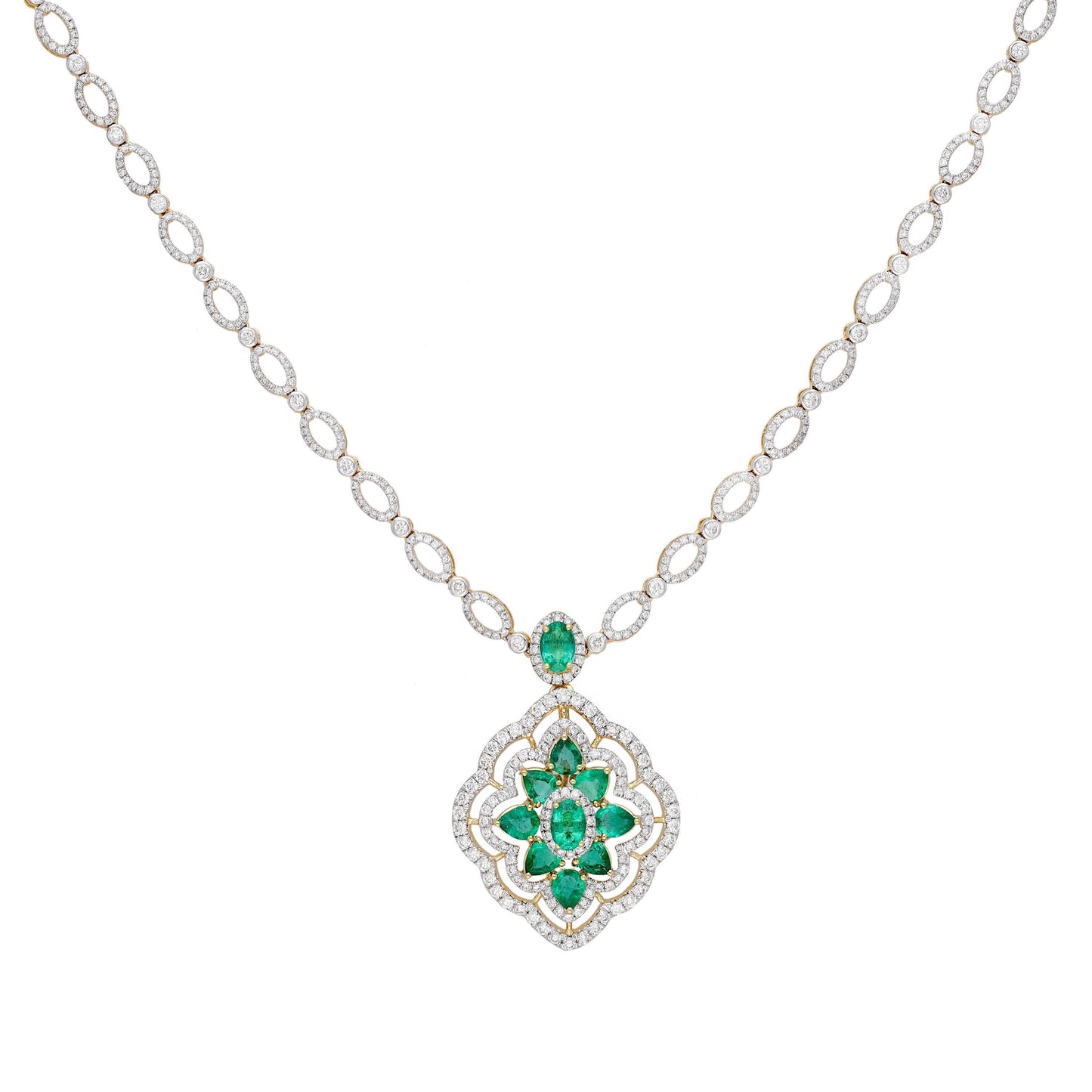 Emerald diamond pendant necklace gold / Diamond 18k yellow gold chain / Emerald necklace gold jewelry / Pear cut oval emerald pendant