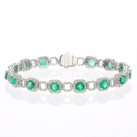 Genuine Emerald Diamond Gold Bracelet, 18k White Gold Certified Diamond Bracelets For Women, Natural Emerald May Birthstone Jewelry