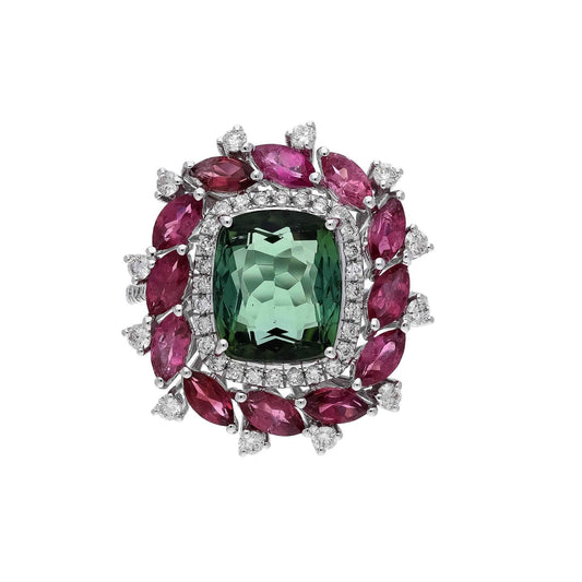 Rare 4 Cts Green Tourmaline, Pink Tourmaline with Diamond Accents/ 18k White Gold/ Designer Bridal Jewelry/ Natural Gemstone Ring For Her