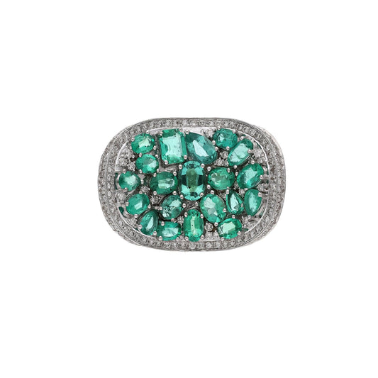 Green emerald gemstone ring with diamond accents 18k white gold jewelry / Real diamond emerald ring for woman / Art deco jewelry